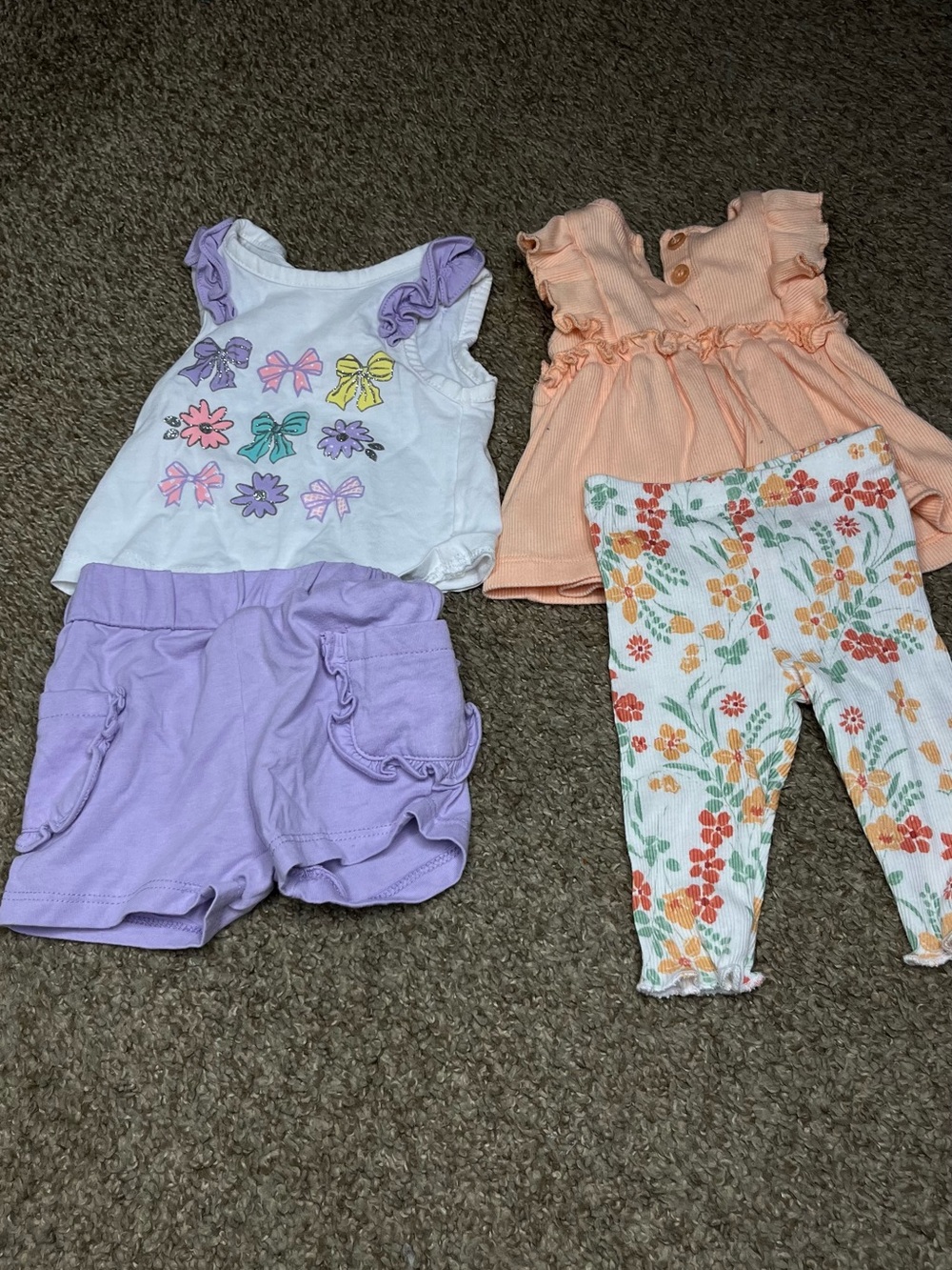 Baby Girls Floral & Bow Outfit Set - Purple, Peach, Floral